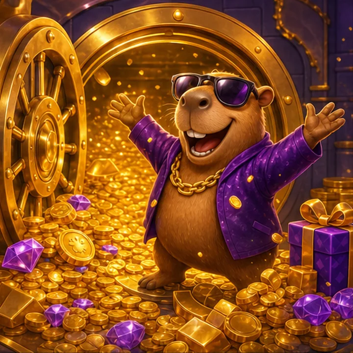 Fröhliches Capybara vor einem goldenen Spieltresor